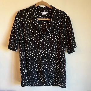 Zara Regular Fit Polka Dot Textured Black & White Button Up Short Sleeve | L